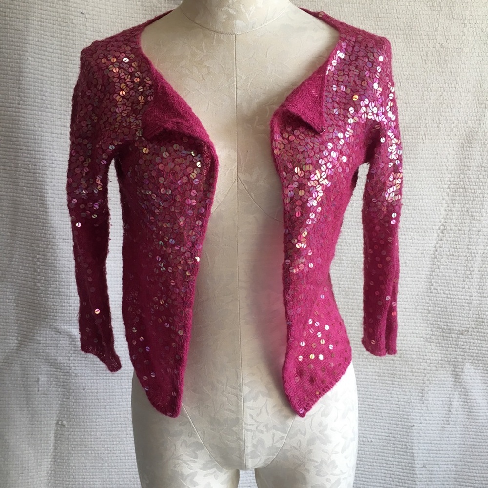 VTG 90s S/M Sequin Sweater Cardigan Jacket Pink - Picture 2 of 8